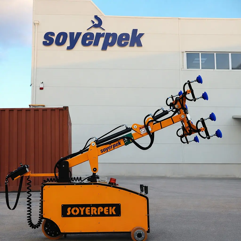 Robot de manutention du verre 24V utilisé sur une ligne de production d'autobus. Système industriel à préhension sous vide pour un montage du verre sûr et précis.